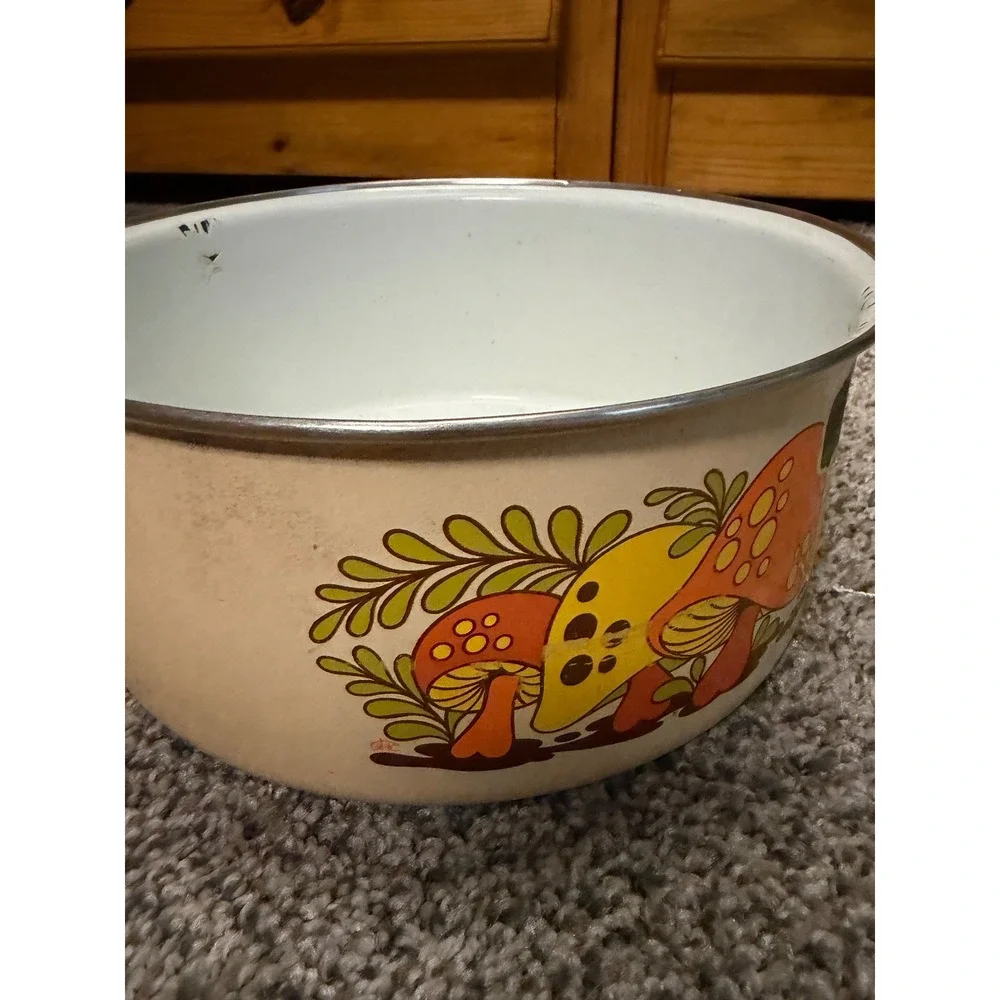 Vintage 70s Enamelware Merry Mushroom Pot Retro
